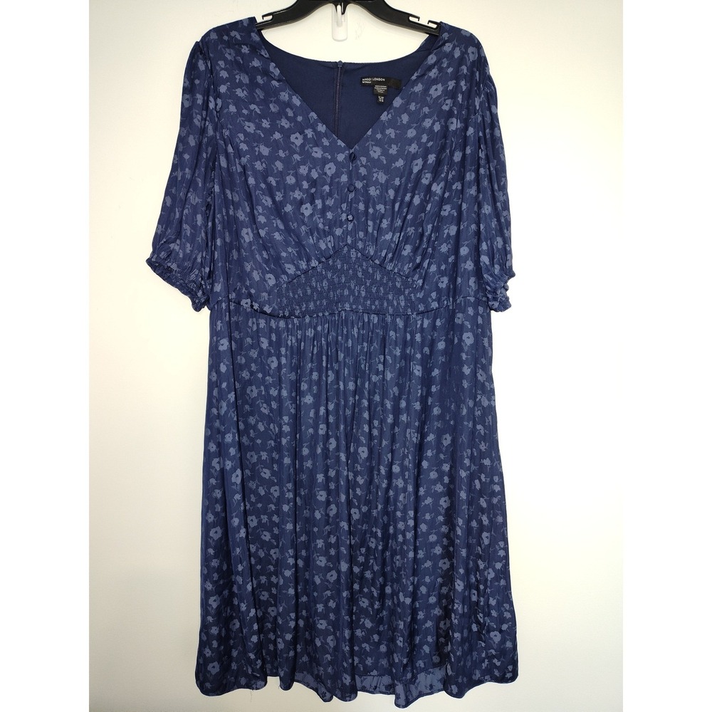 Maggy London Woman Navy Blue Floral Jacquard Smocked Waist V-Neck Dress 18W